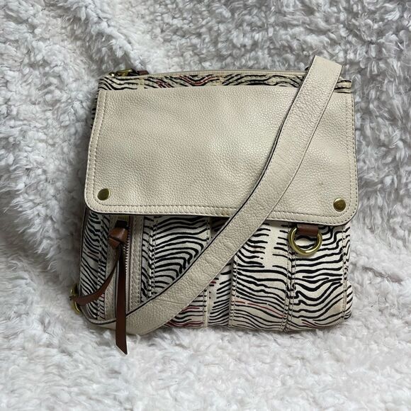 Fossil Morgan Messenger bag canvas beige,red &black stripes beige leather trims - Picture 1 of 15